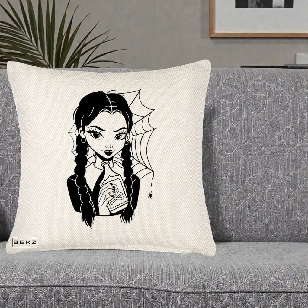 Perna Personalizata Wednesday cu Panza de Paianjen, 40x40 cm, Crem Reliefat, Husa Detasabila, Perna Inclusa, BEKZ®