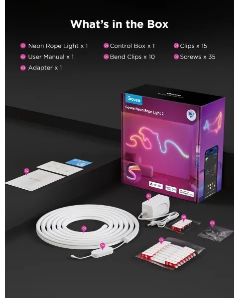 Bandă LED flexibilă Govee Neon 2 MATTER 5m RGBIC Wi-Fi IP67