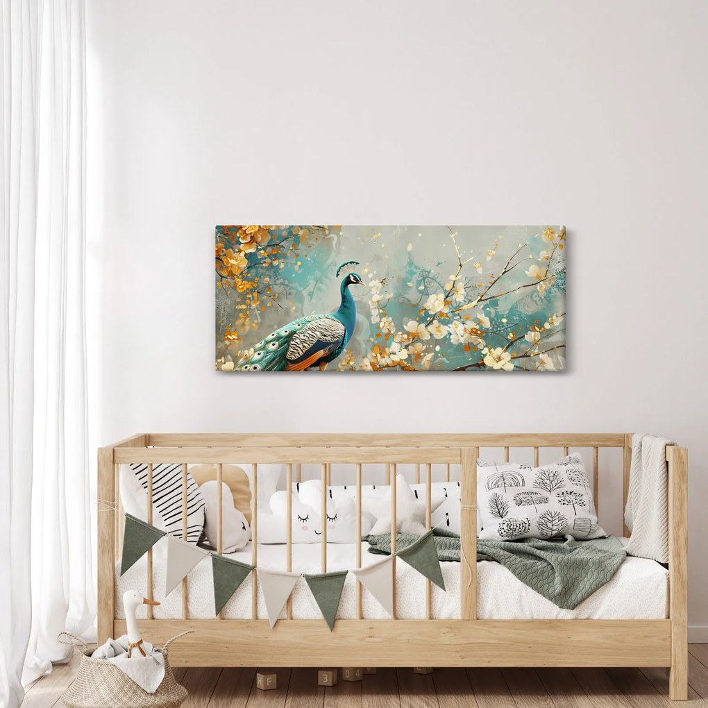 Tablou - Păun cu decor de aur (120x50 cm)