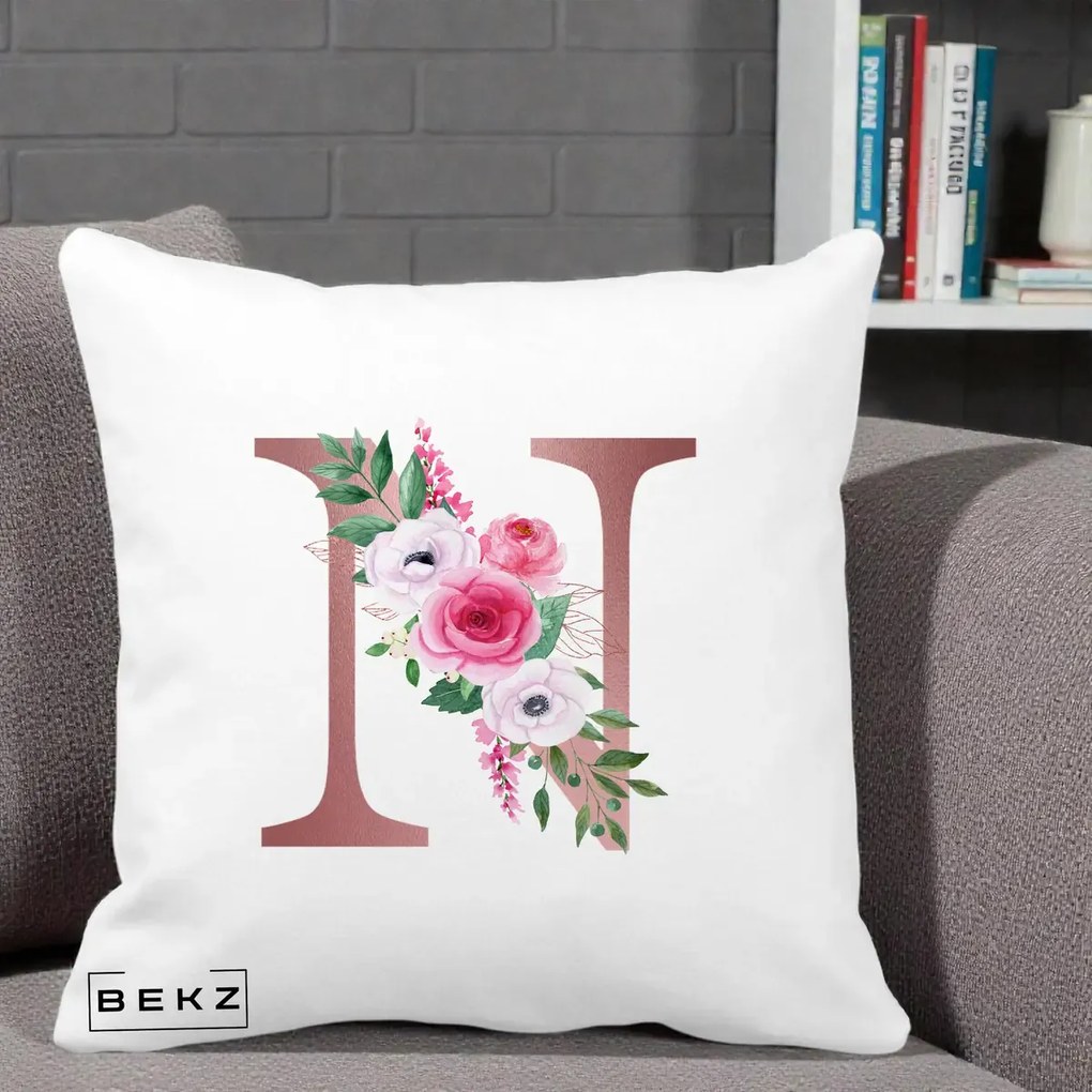 Cadou Personalizat - Perna Personalizata Monograma Rose Gold Litera N, 40x40 cm, Alba Mata, Husa Detasabila, Perna Inclusa, BEKZ®