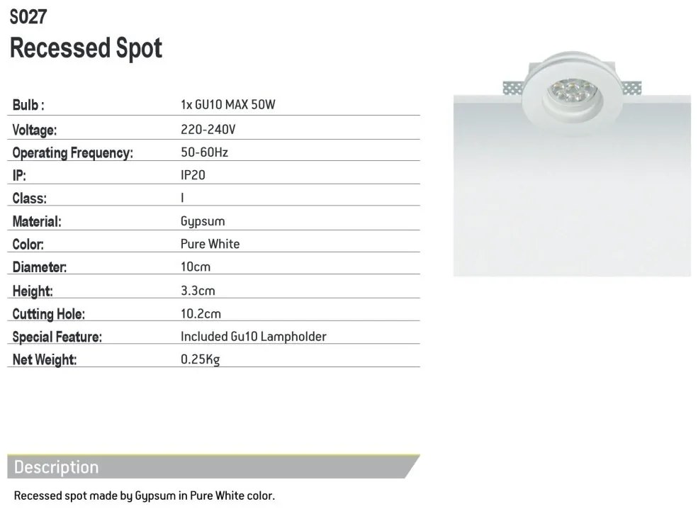 Spot incastrabil tavan Gypsum alb