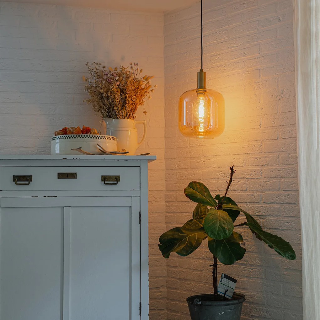Lampă pendantă de design neagră cu alamă și sticlă chihlimbar - Zuzanna