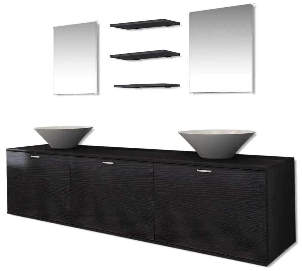 Set mobilier baie format din 8 piese cu chiuvete incluse, Negru Negru, Model 5, 1