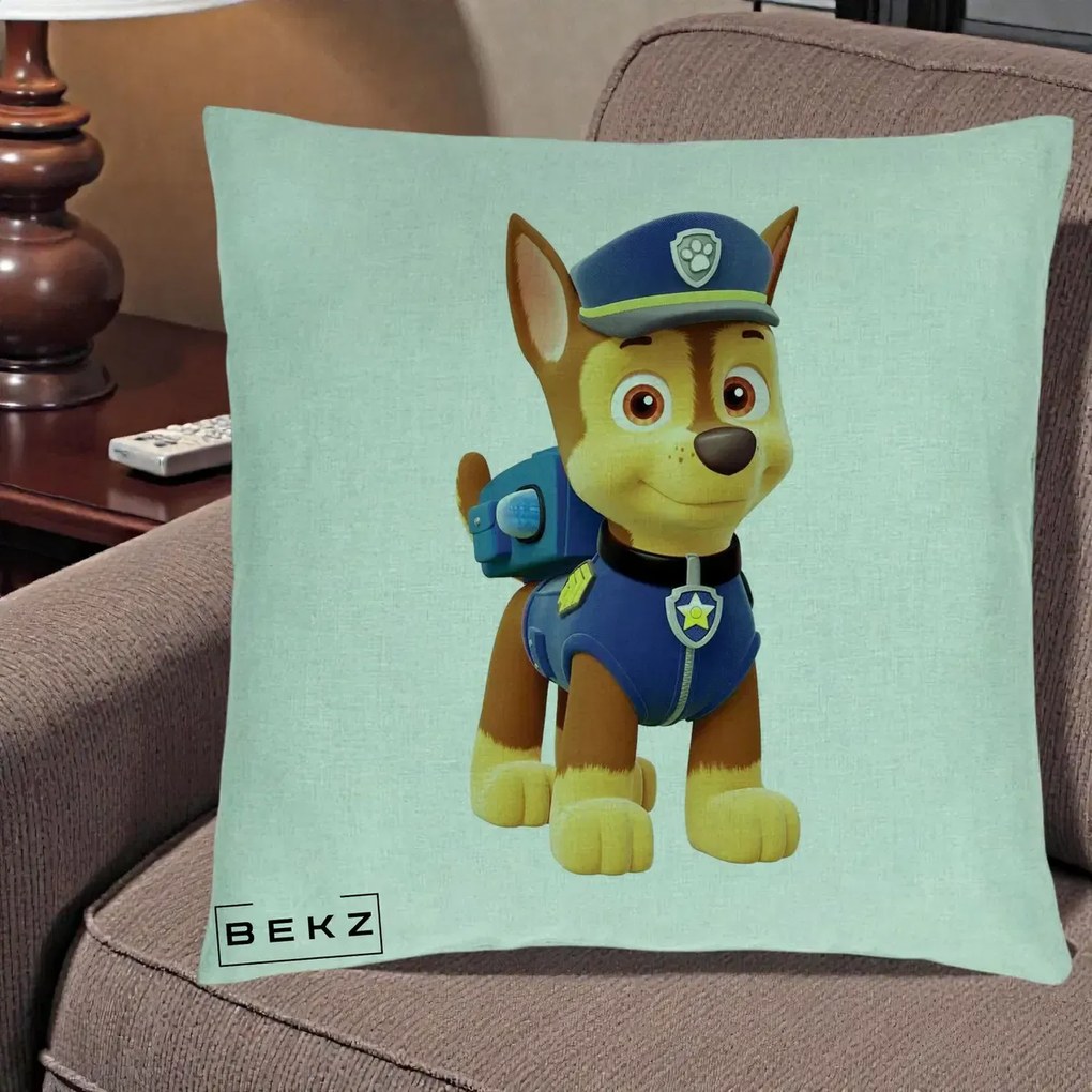 Perna Personalizata Chase PAW Patrol Albastru, 40x40 cm, Verde Menta, Husa Detasabila, Perna Inclusa, BEKZ®