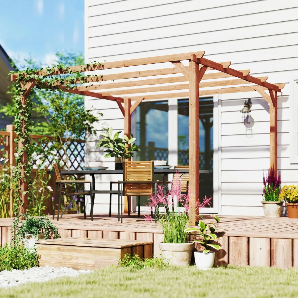 Outsunny Pergolă Gazebo 3x3 m din Lemn de Brad, Pergolă pentru Grădină cu Suporturi Triunghiulare și 5 Grinzi pentru Plante Cățărătoare, Pergolă din Lemn pentru Exterior, Patio, Terasă, Aspect Lemn de Arțar | Aosom Romania