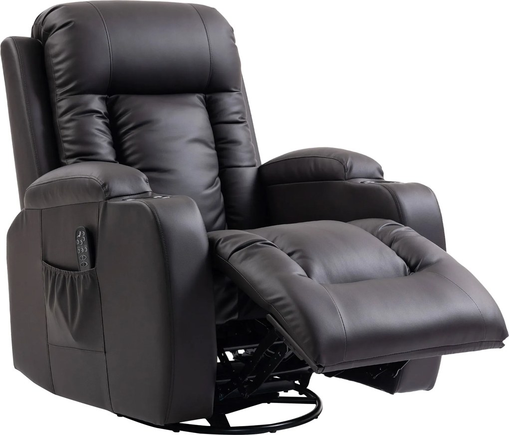 HOMCOM Fotoliu de masaj cu funcție de balans, înclinare și încălzire, 3 moduri, rotativ, Maro închis | Aosom Romania