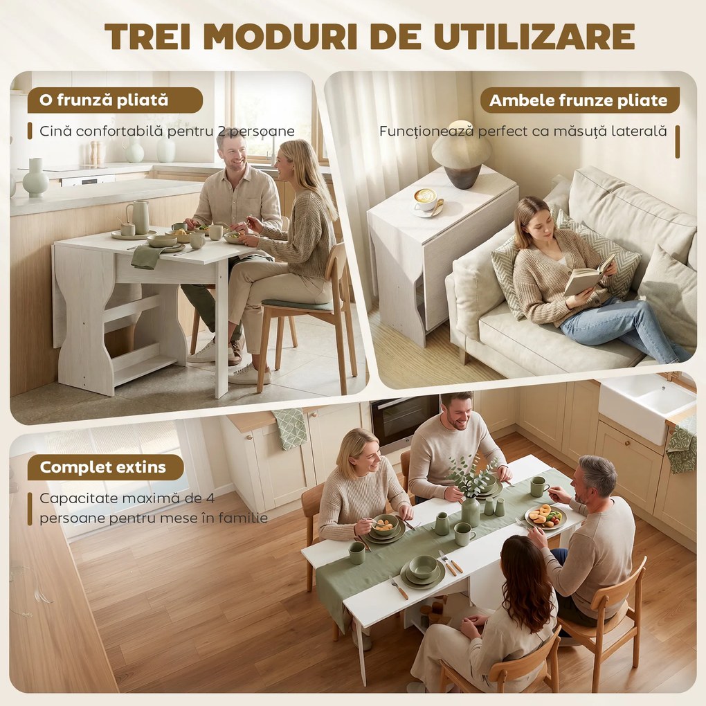 HOMCOM Masă de Bucătărie Pliabilă pentru 4 Persoane cu Raft, din Lemn, 160x60x75 cm, Alb | Aosom Romania