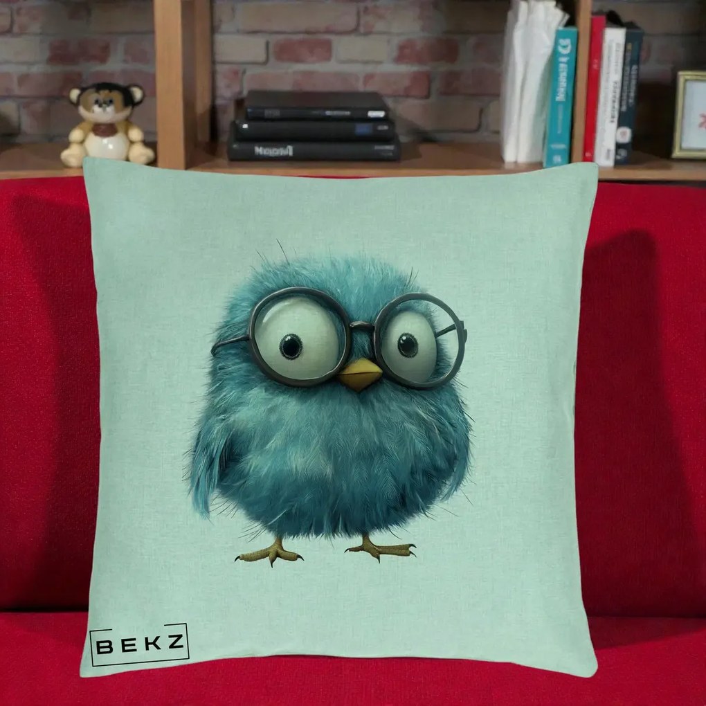 Perna Decorativa Pui Pufos Teal cu Ochelari, 40x40 cm, Verde Menta, Husa Detasabila, Perna Inclusa, BEKZ®