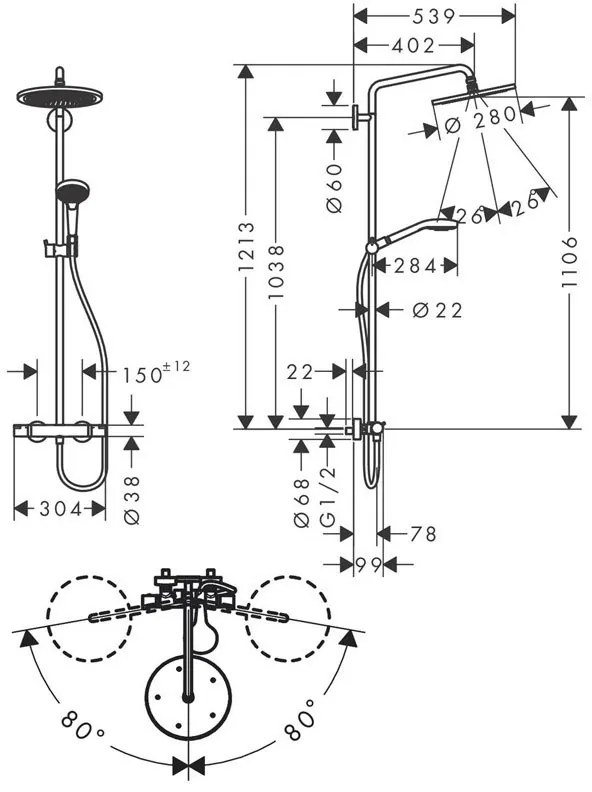 Coloana de dus cu baterie termostatata, Hansgrohe, Croma Select S, cu bara si suport dus, auriu lucios