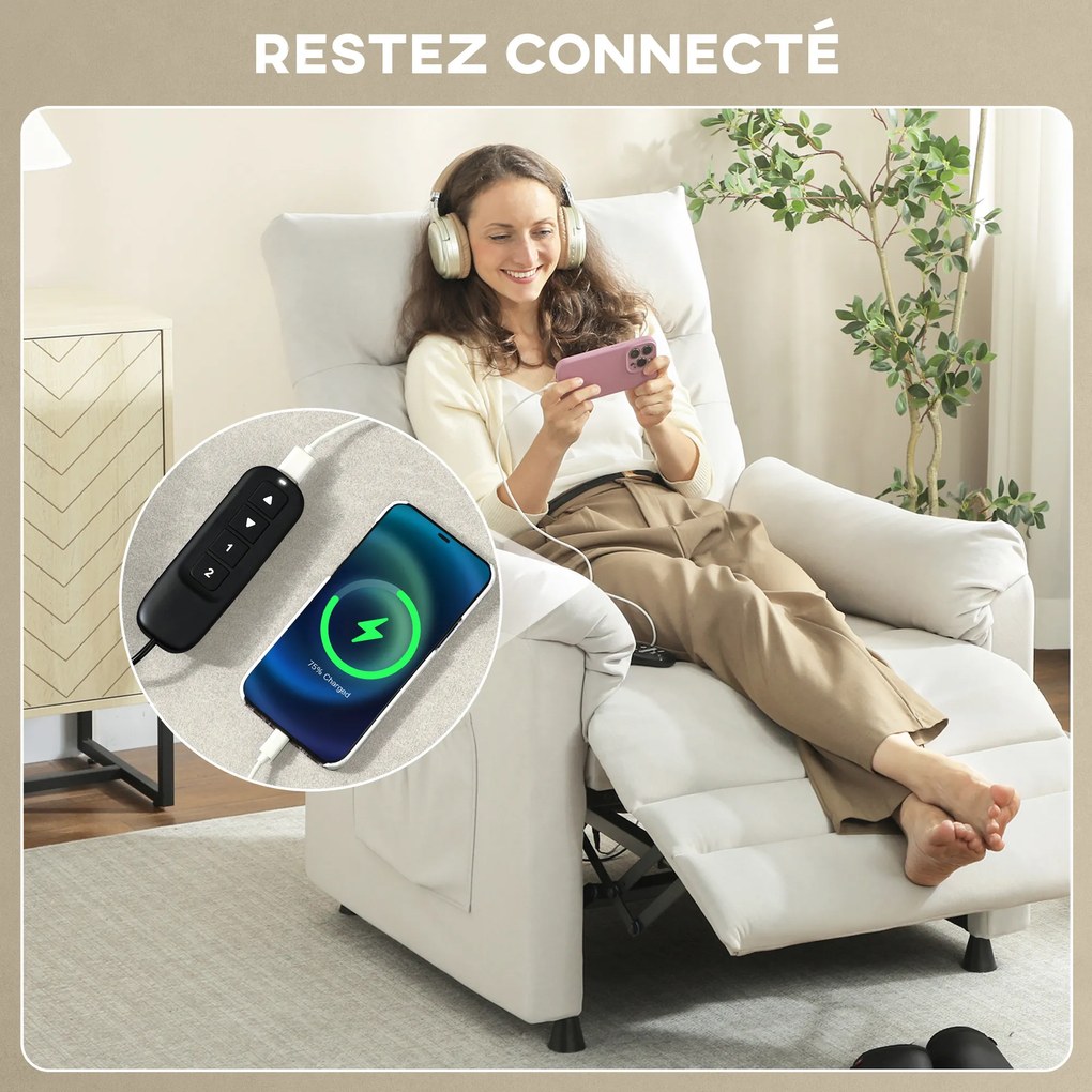 HOMCOM Fotoliu relax electric masaj și încălzire, fotoliu inclinabil, suport pentru picioare, motor silențios, 82x99x106cm, crem | Aosom Romania
