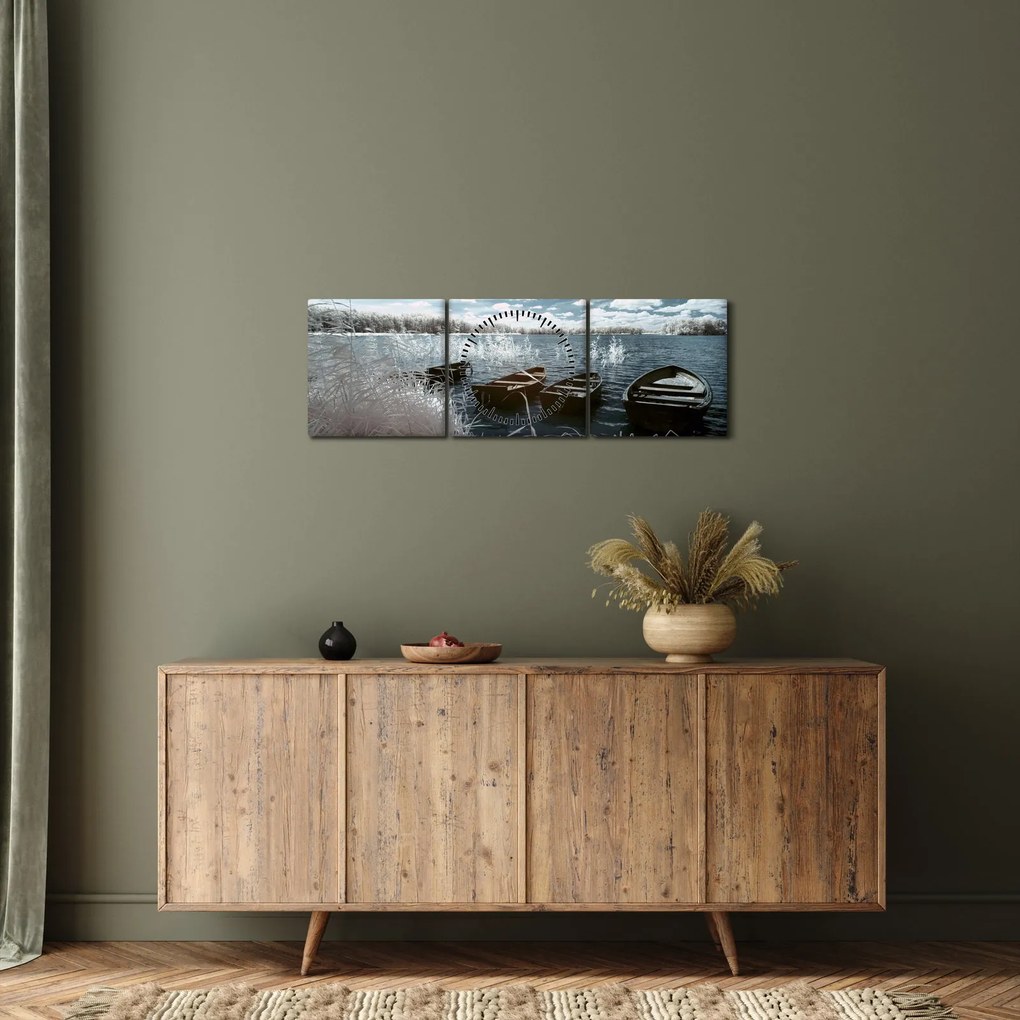 Tablou - Bărci de lemn pe lac (cu ceas) (90x30 cm)