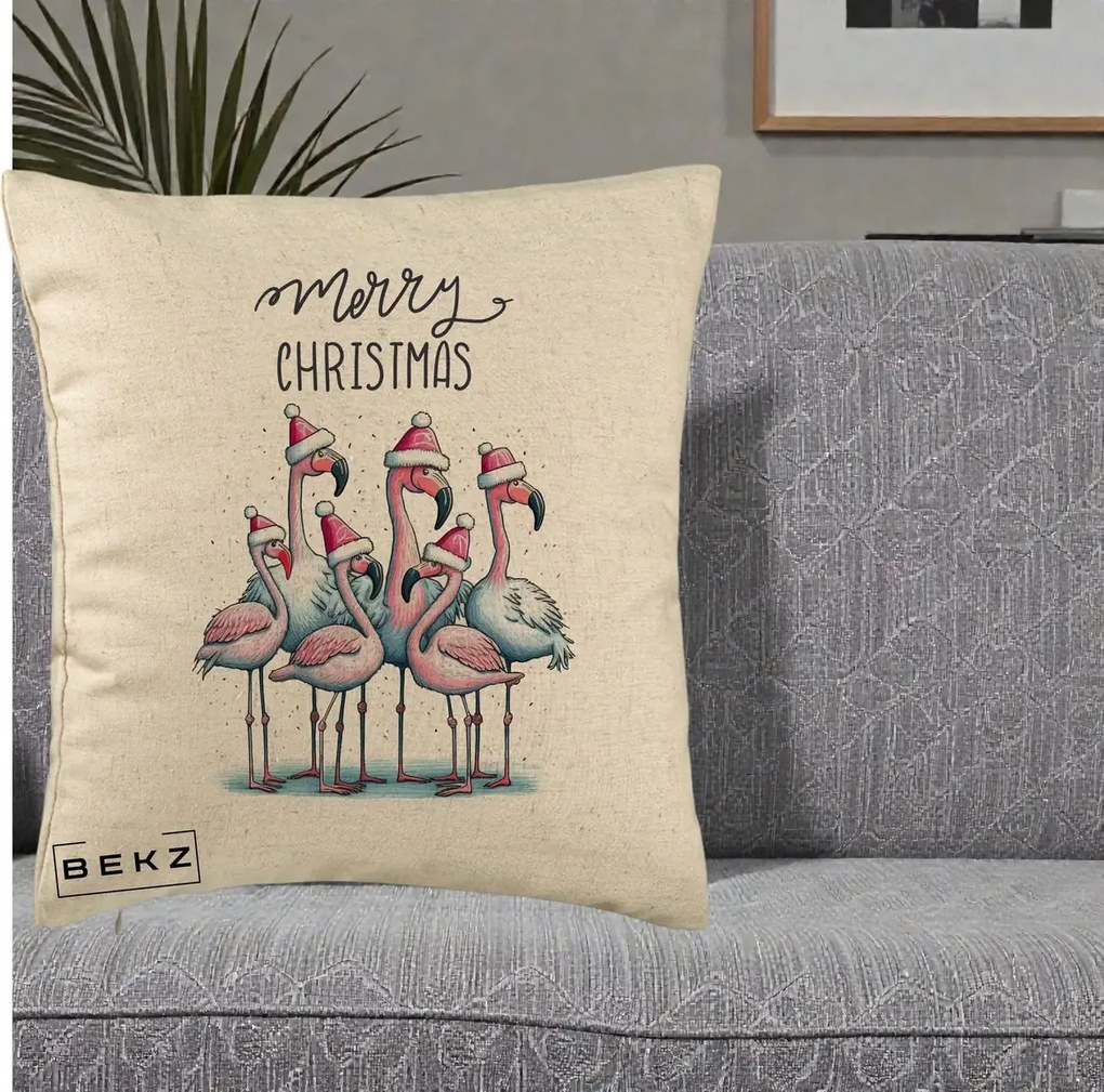 Perna Decorativa Flamingo Merry Christmas, 40x40 cm, Bej, Husa Detasabila, Perna Inclusa, BEKZ®
