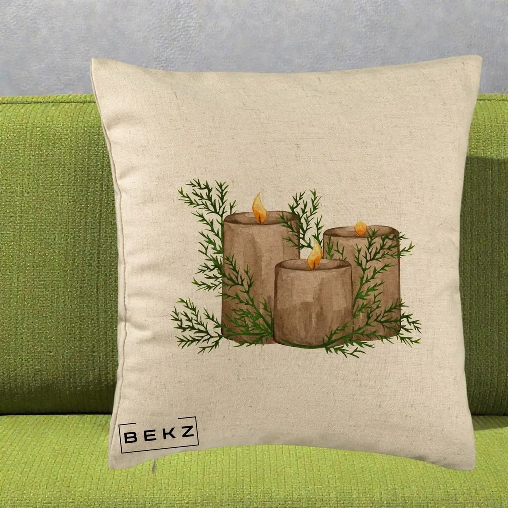 Perna Decorativa Lumanari Rustice cu Crengute Brad, 40x40 cm, Bej, Husa Detasabila, Perna Inclusa, BEKZ®