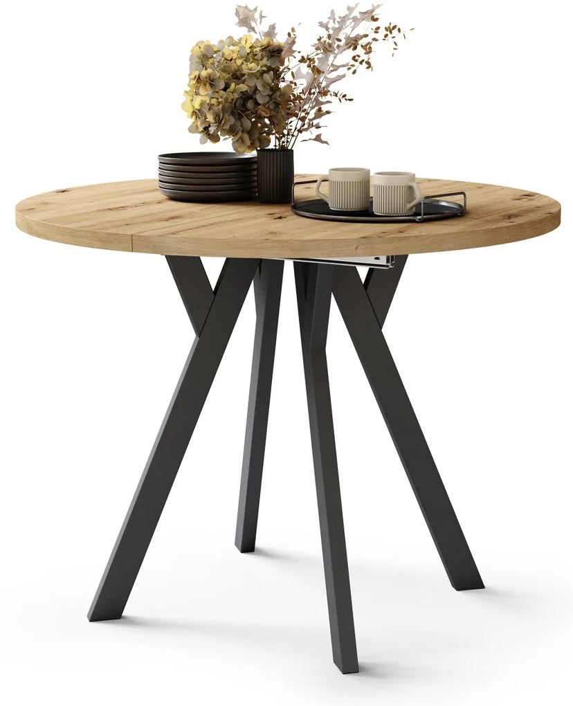 Mazzoni ALMO Stejar Artisan/picioare negre - MASĂ ROTUNDĂ EXTENSIBILĂ CU PICIOARE ÎN FORMĂ DE Y STIL LOFT PENTRU SALON/SUFRAGERIE