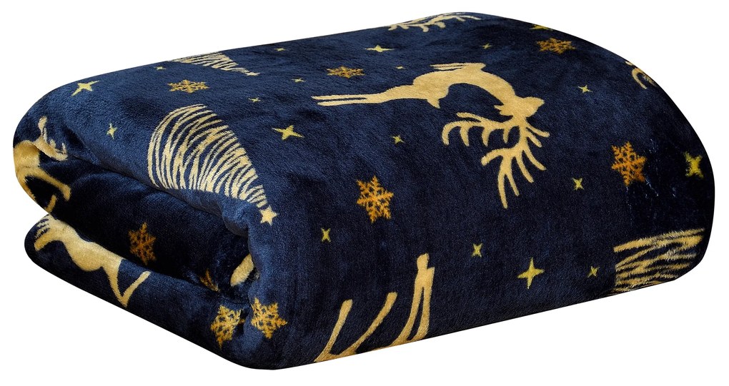 Patura din microplus de Craciun albastru inchis GOLDEN DEER Dimensiune: 200 x 220 cm