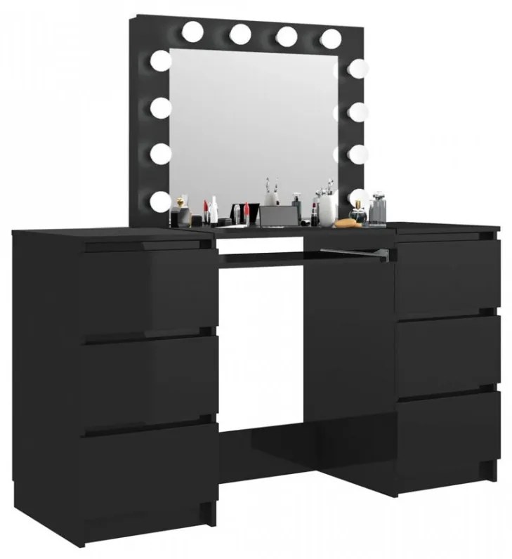 SEN18 - Set Masa toaleta, 140 cm, cosmetica machiaj, masuta vanity, oglinda cu LED-uri - Negru