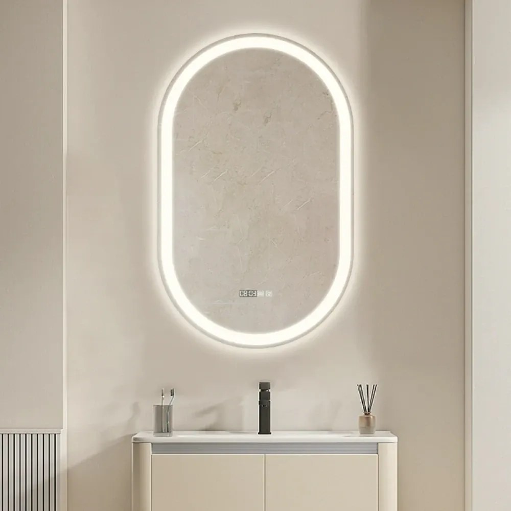 RESIGILAT- Oglindă baie, Multifuncțională, Iluminare LED Touch, Sistem Dezaburire, Ceas electronic încorporat, Indicator Temperatura, 80x50 cm