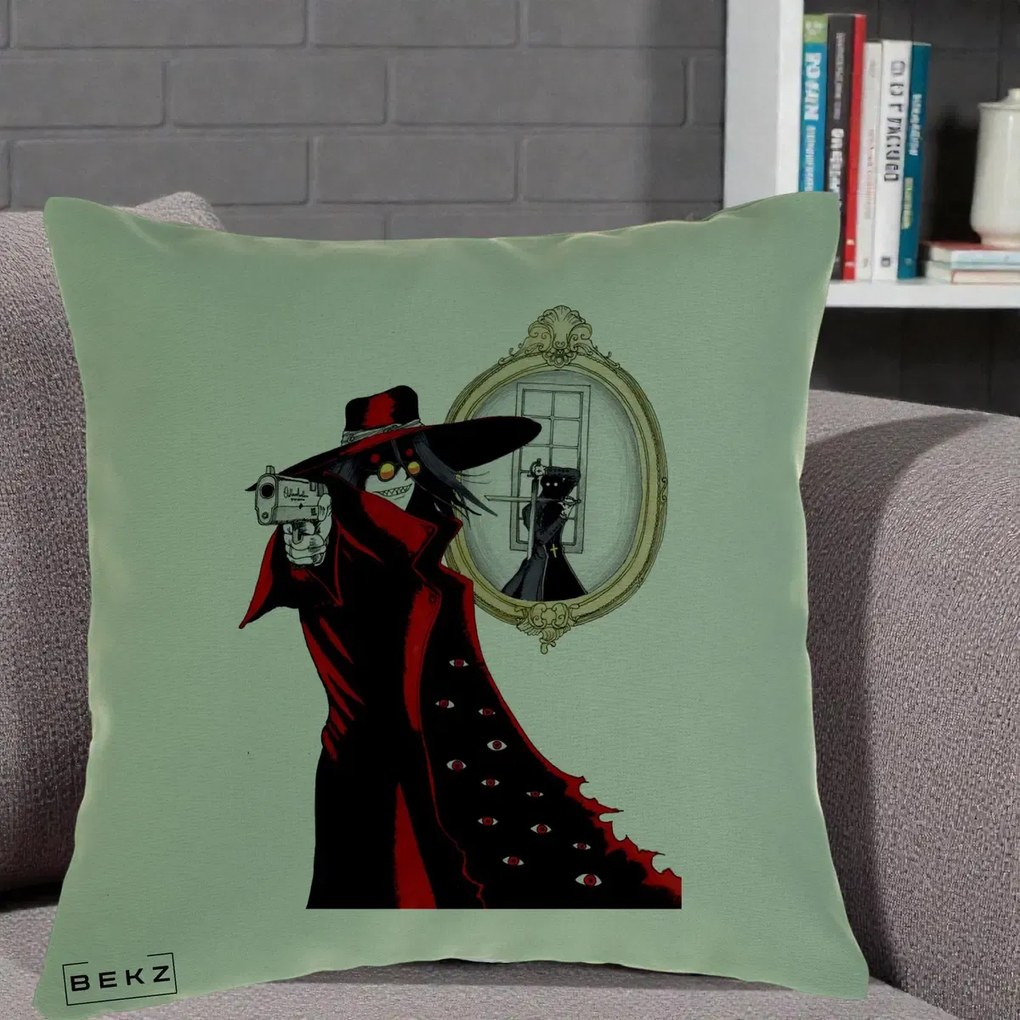 Perna Personalizata Hellsing Alucard cu Pistoale, 40x40 cm, Verde, Husa Detasabila, Perna Inclusa, BEKZ®
