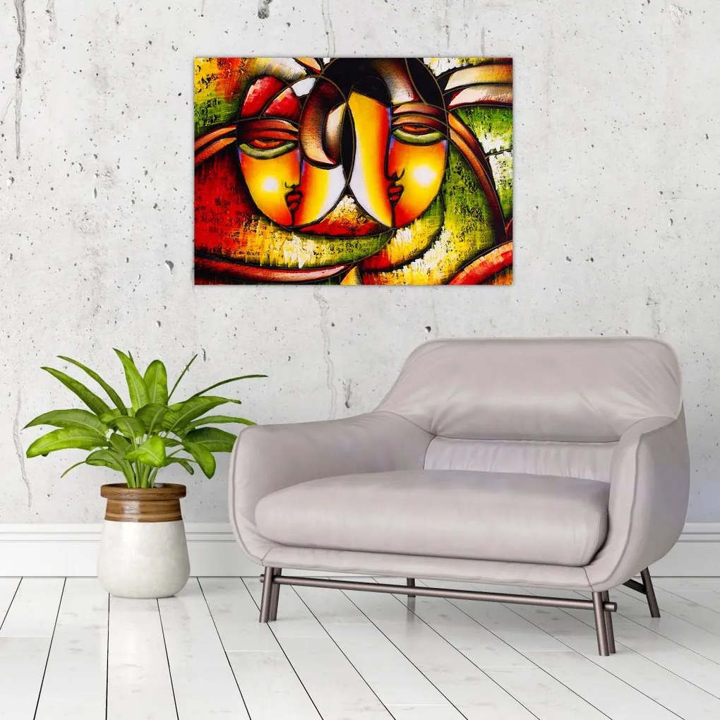 Tablou pe sticlă - Pictură în ulei, chipuri abstracte (70x50 cm)