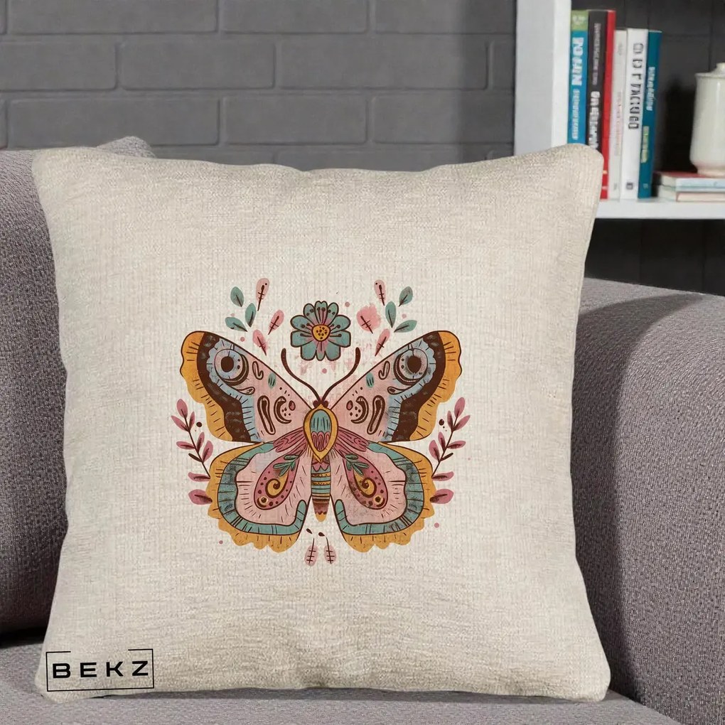 Perna Decorativa Fluture Boho Floral, 40x40 cm, Bej Canapea, Husa Detasabila, Perna Inclusa, BEKZ®