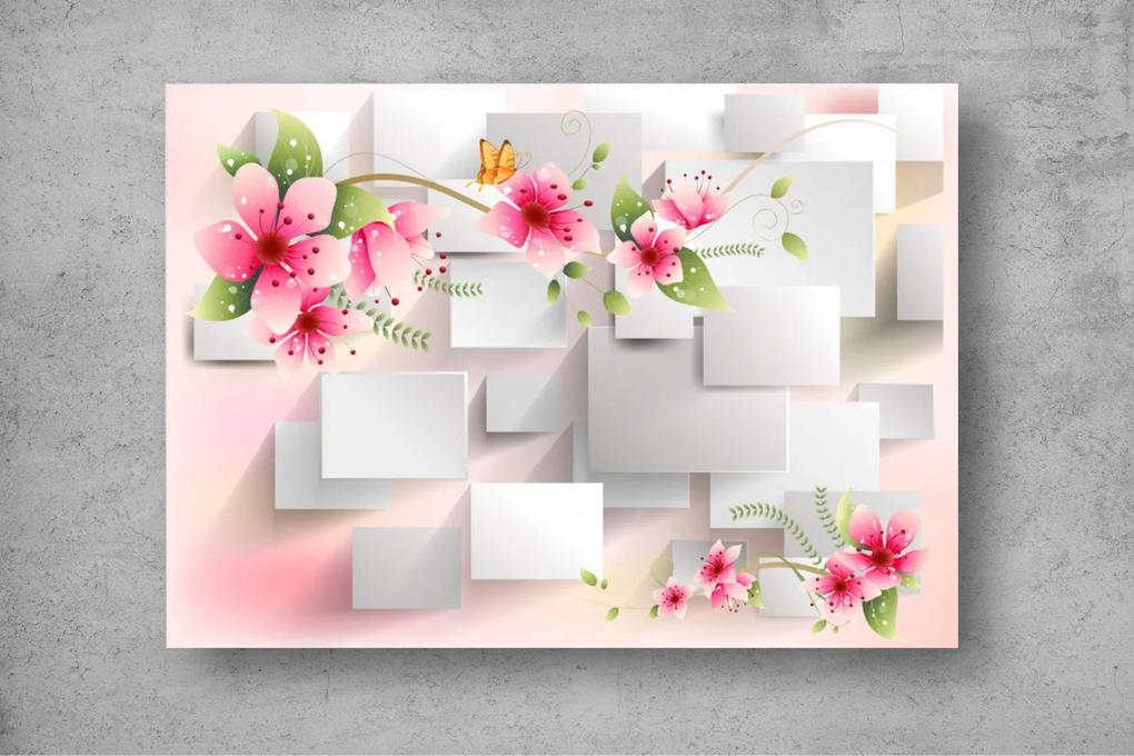 Tapet Premium Canvas - Florile ramurile si cuburile 3d abstract