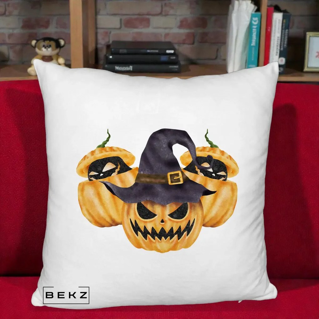 Perna Decorativa Trio Dovleci Jack-o-Lantern cu Palarie Vrajitoare, 40x40 cm, Alb Pufos, Husa Detasabila, Perna Inclusa, BEKZ®