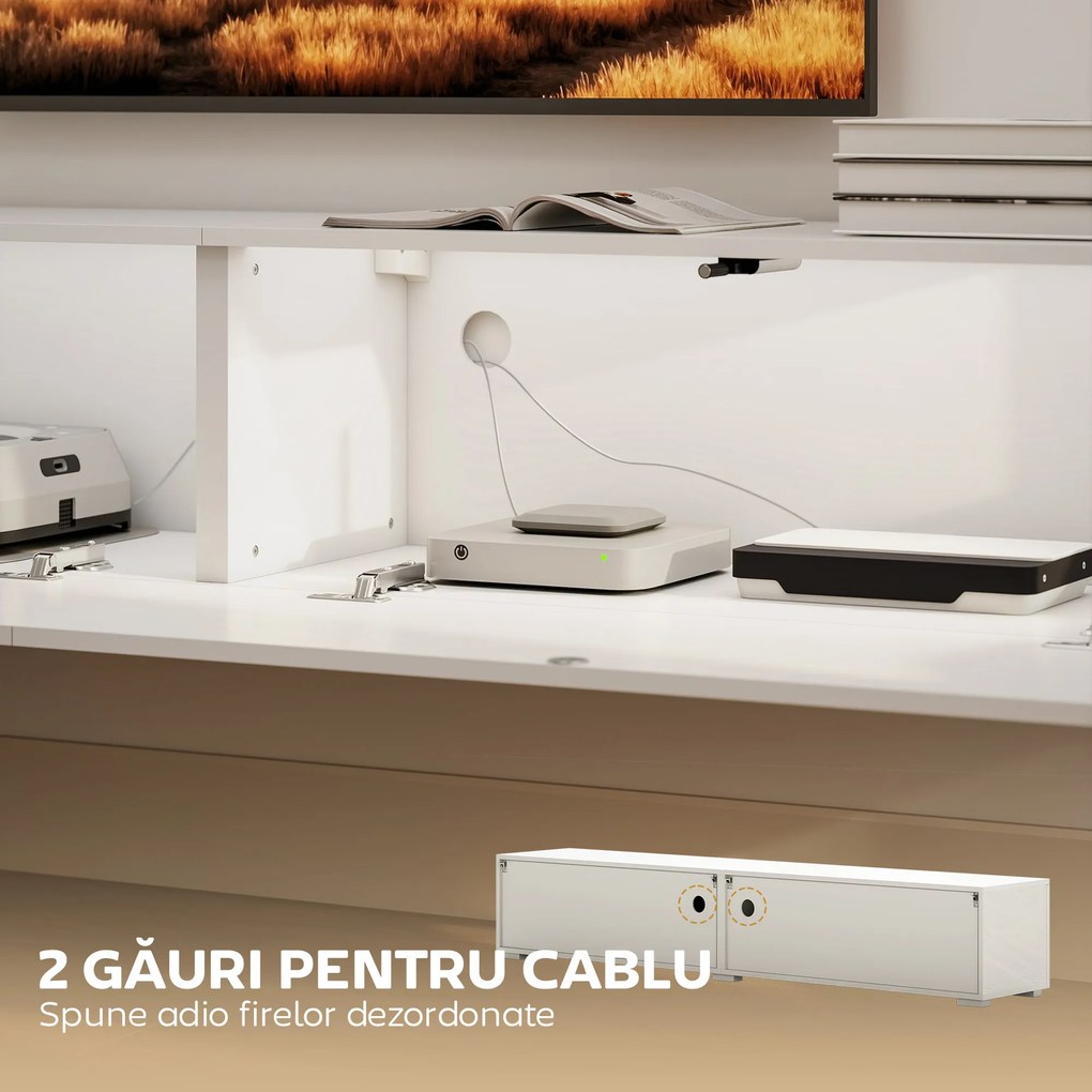 HOMCOM Dulap TV Suspendat 180 cm pentru TV până la 75 Inch, Dulap Modern pentru Living cu Uși cu Deschidere prin Apăsare și Orificii pentru Cabluri, Consolă Multimedia Montată pe Perete, Alb Lucios | Aosom Romania