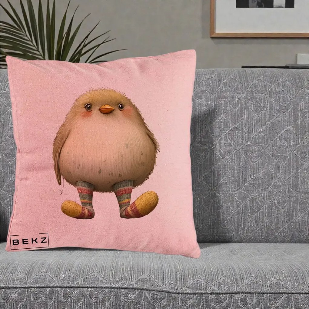 Perna Decorativa Pui Pufos cu Sosete Dungate, 40x40 cm, Roz, Husa Detasabila, Perna Inclusa, BEKZ®