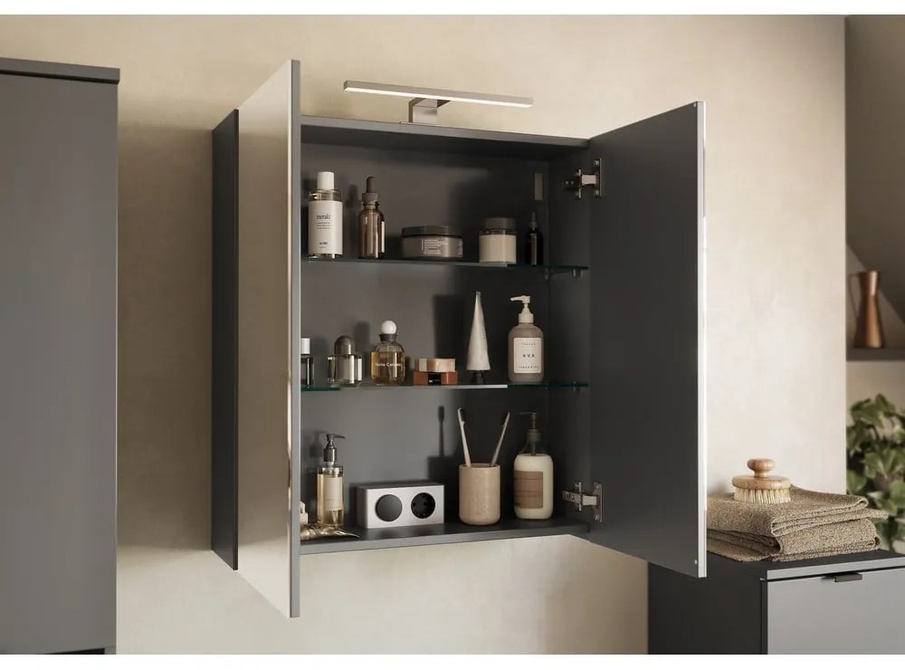 Dulap de baie gri antracit suspendat, cu oglindă 60x71 cm Arcena – Germania