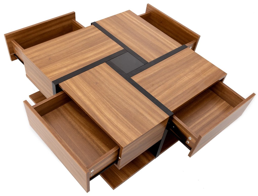 Masă de cafea cu 4 sertare, design unic de culori și linii, spațiu de depozitare inferior, 78×78×36 cm, Natural