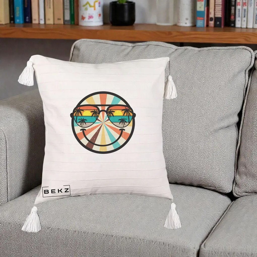 Perna Decorativa Smiley Face Retro Sunset Palmieri, 40x40 cm, Bej cu Franjuri, Husa Detasabila, Perna Inclusa, BEKZ®
