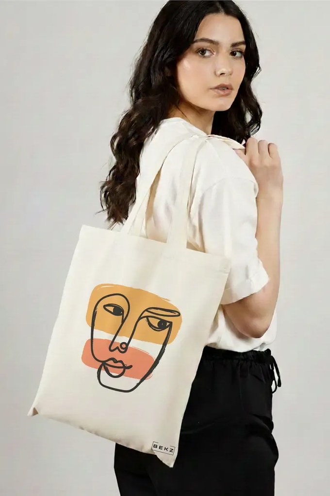 Sacosa de Panza pentru Cumparaturi, Geanta Tote, model Lines Art, 38x34.5 cm, Alba, BEKZ®