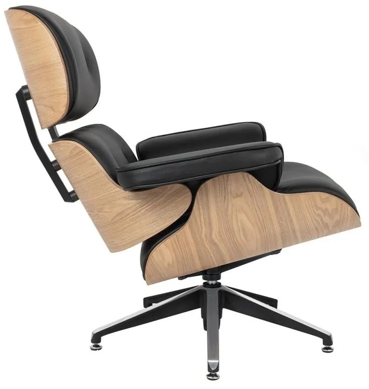 Fotoliu LOUNGE piele naturala negru, placaj de frasin