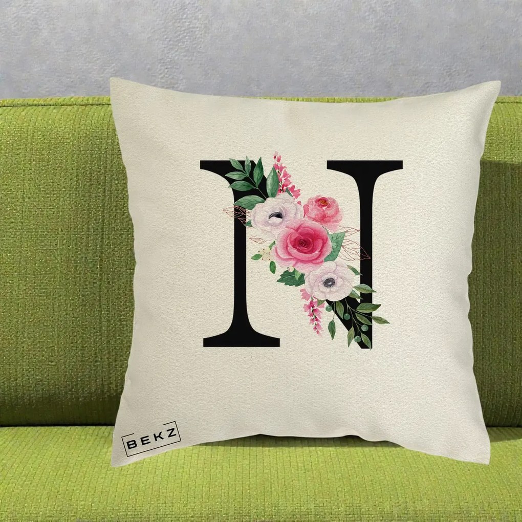 Cadou Personalizat - Perna Personalizata Monograma Florala Litera N, 40x40 cm, Ecru, Husa Detasabila, Perna Inclusa, BEKZ®