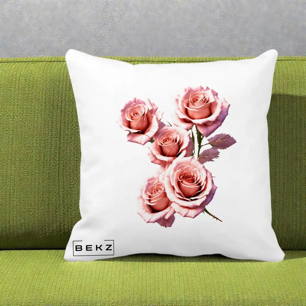 Perna Decorativa Trandafiri Roz Pastel Acuarela, 40x40 cm, Alba Mata, Husa Detasabila, Perna Inclusa, BEKZ®