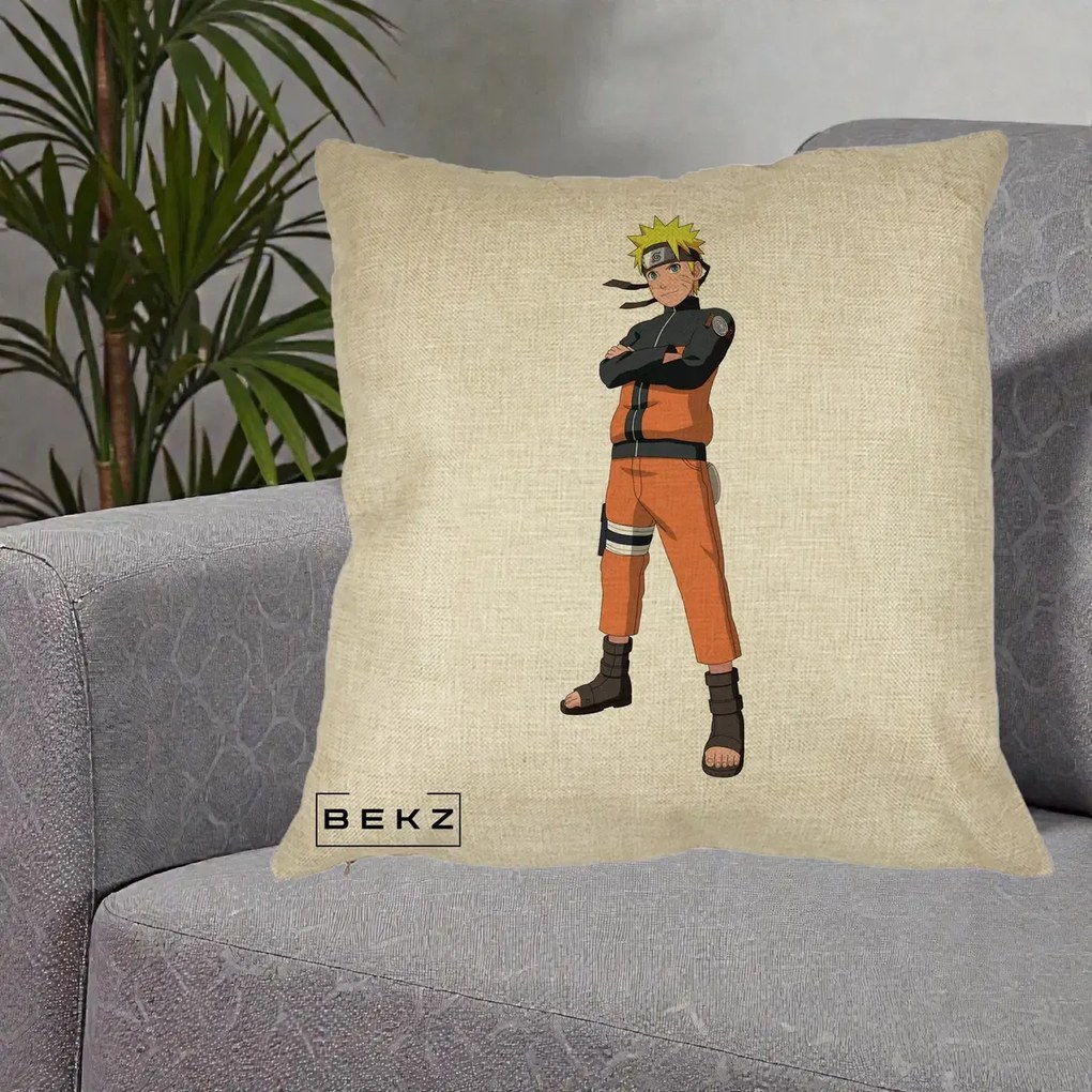 Perna Personalizata Naruto Uzumaki Portret Complet, 40x40 cm, Crem, Husa Detasabila, Perna Inclusa, BEKZ®