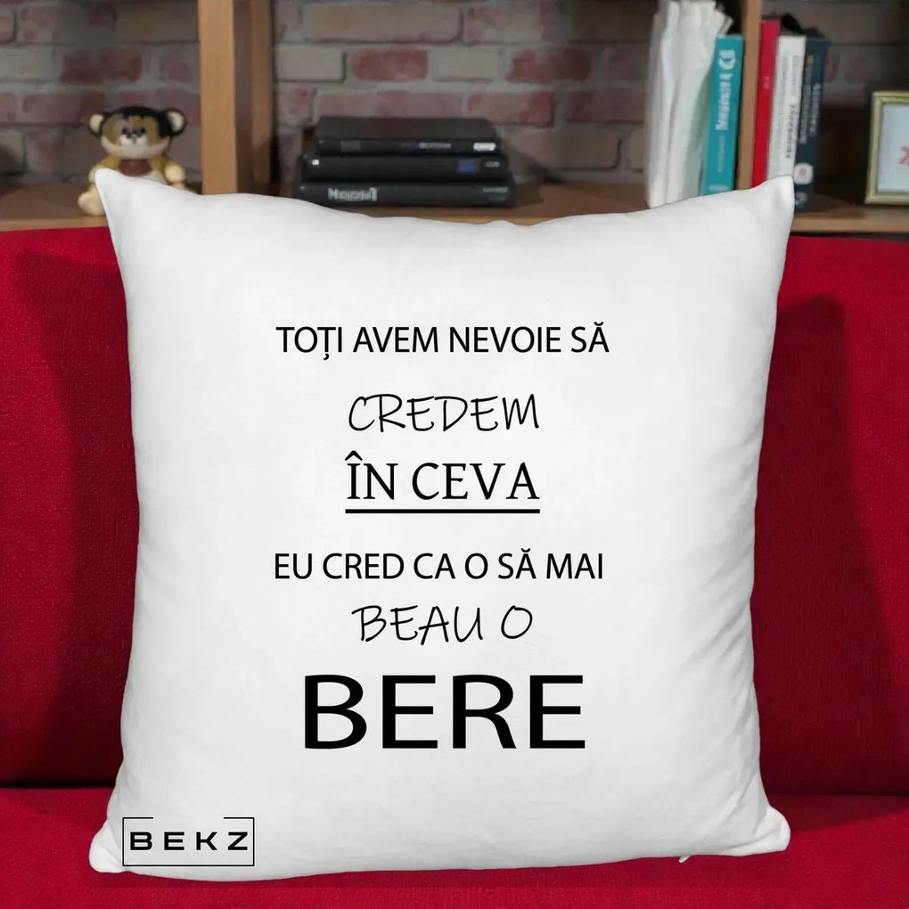 Perna Decorativa Eu Cred ca mai Beau o Bere, 40x40 cm, Alb Pufos, Husa Detasabila, Perna Inclusa, BEKZ®
