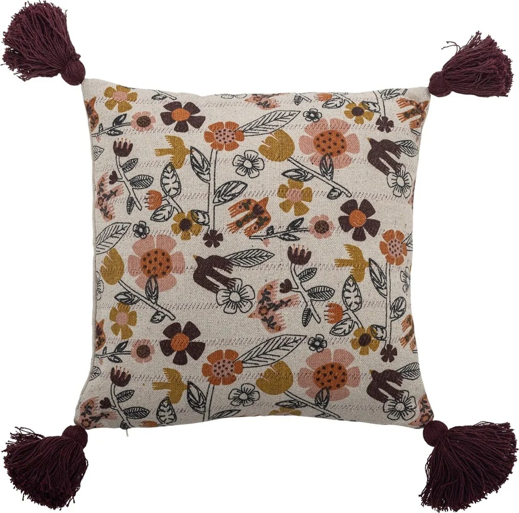 Pernă decorativă din bumbac, multicolor, cu model floral imprimat și ciucuri în colțuri, 45x45 cm, „Vivielle"