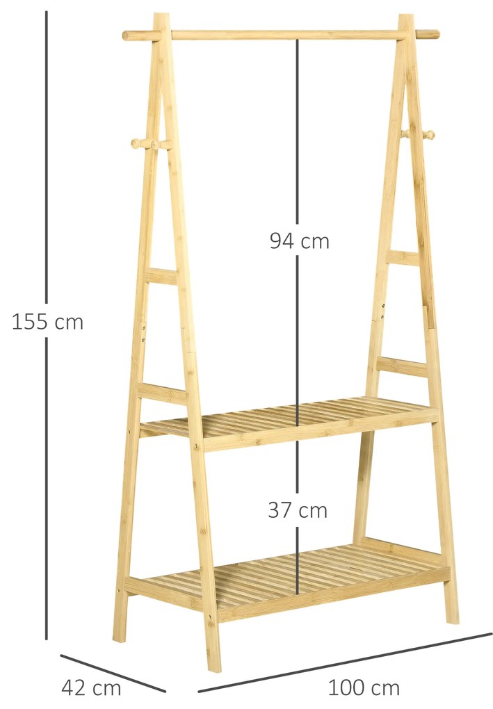 Suport pentru Umerase HOMCOM cu 2 Rafturi si 4 Carlige Laterale, Structura din bambus, 100L x 42l x 155lcm, Culoarea Lemnului