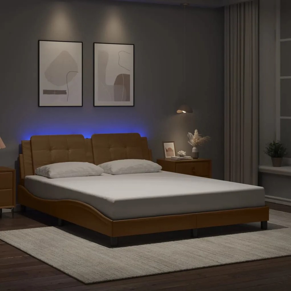 vidaXL Cadru pat cu lumini LED, cappuccino, 160x200 cm piele ecologică