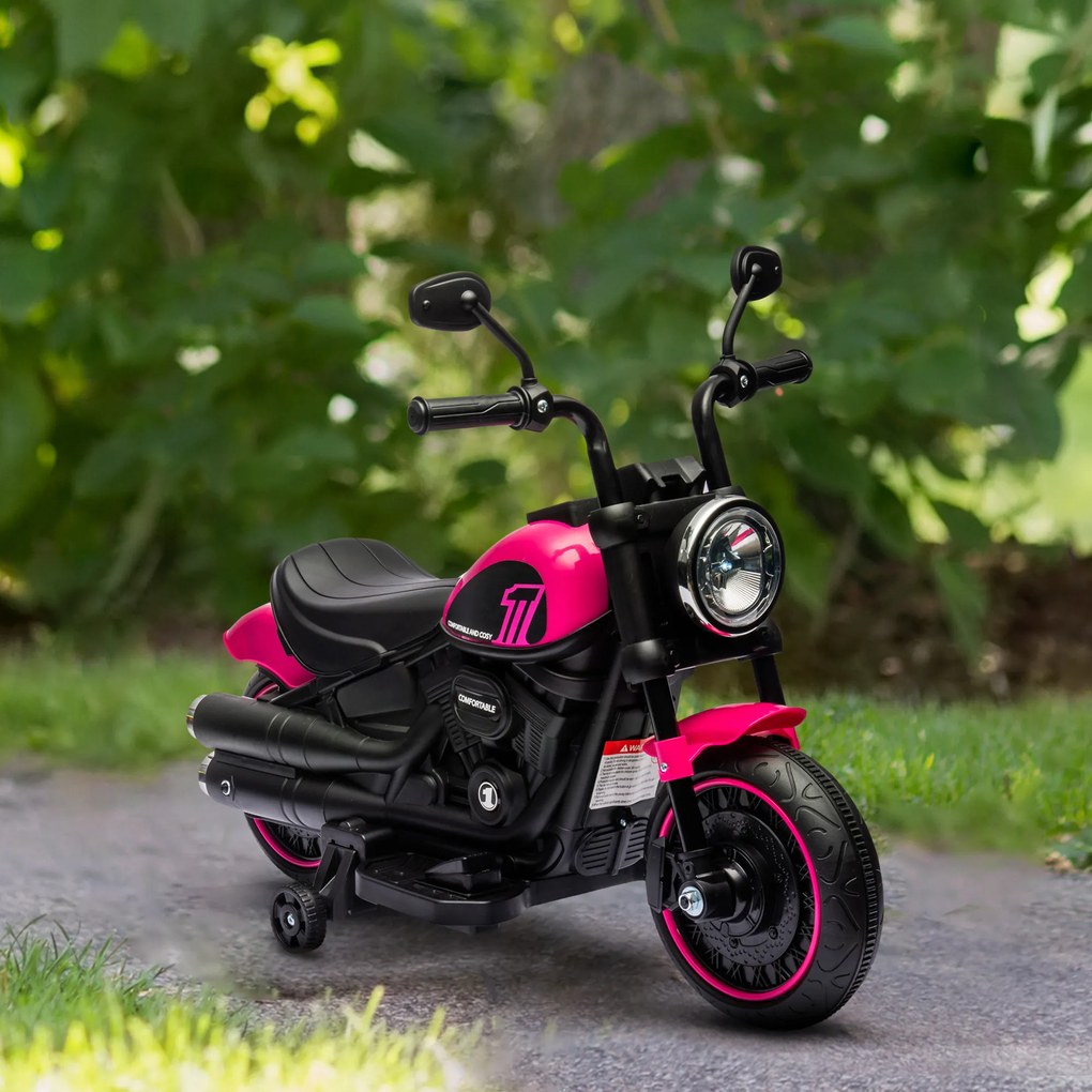 HOMCOM Motocicletă Electrică pentru Copii 18-36 luni, Motocicletă de Jucărie cu Roți Suplimentare și Faruri, 76x42x57 cm, Roz | Aosom Romania