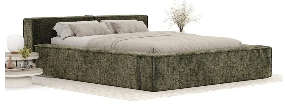 Pat matrimonial verde închis tapițat cu spațiu de depozitare cu somieră 140x200 cm Voliera – Maison de Rêve