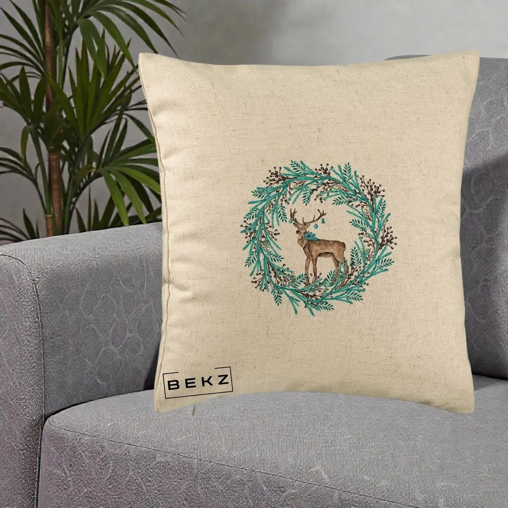 Perna Decorativa Coroana Turcoaz cu Ren, 40x40 cm, Bej, Husa Detasabila, Perna Inclusa, BEKZ®