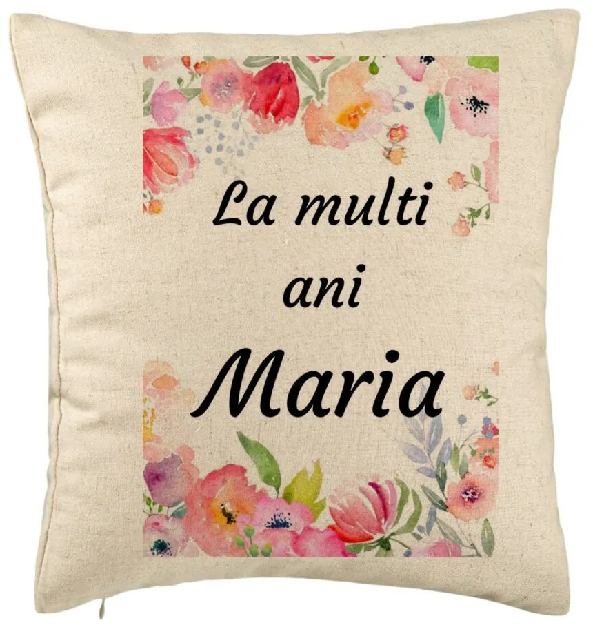 Perna Decorativa, Model La multi ani Maria 2, 40x40 cm, Bej, Husa Detasabila, Burduf