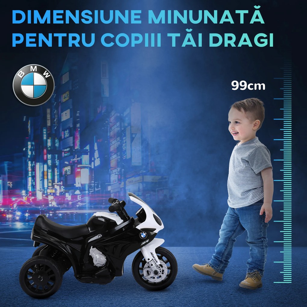 HOMCOM Motocicletă Electrică pentru Copii Licențiată BMW, 3 Roti, Baterie 6V, Alb și Negru | Aosom Romania