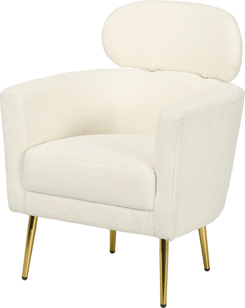 HOMCOM Fotoliu de living cu tetieră detașabilă, fotoliu crapaud din pluș teddy, picioare metalice, 71 x 65 x 90 cm, crem | Aosom Romania