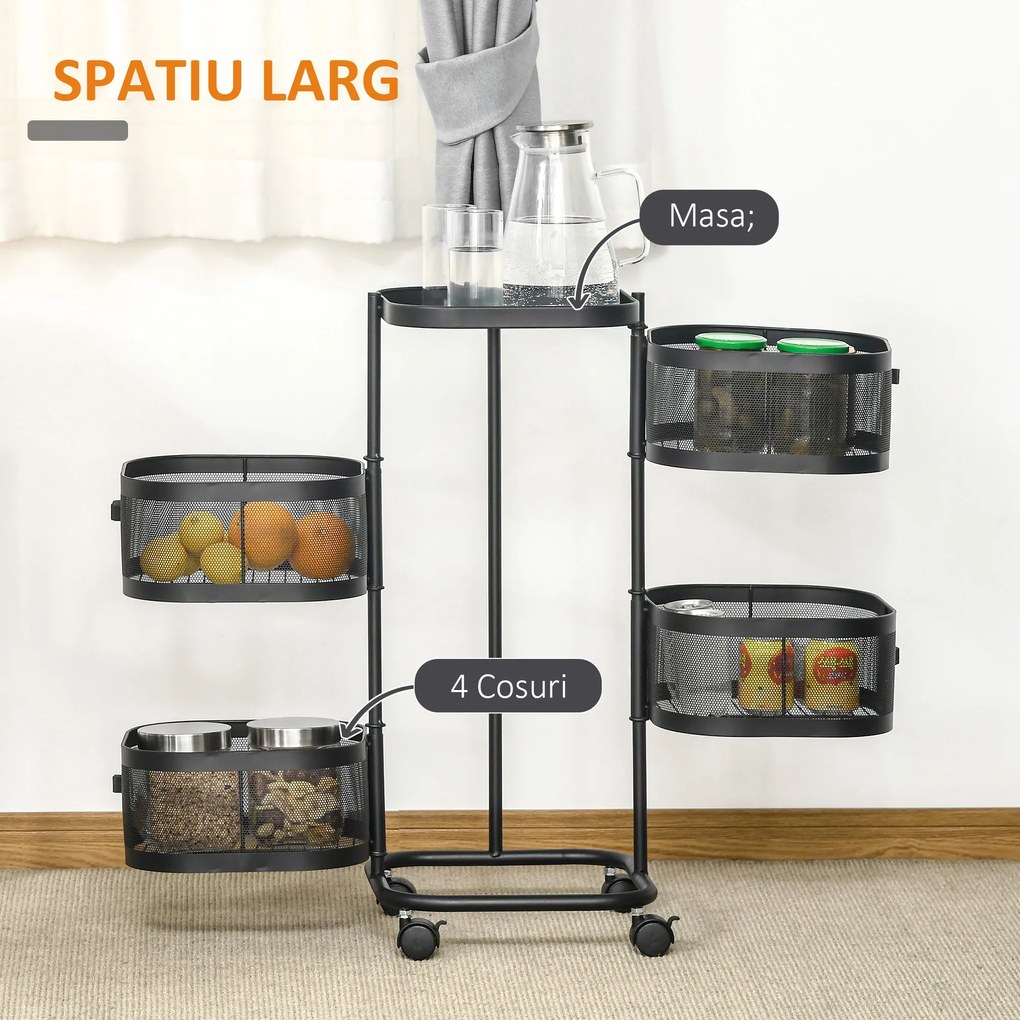 Carucior utilitar rulant cu cosuri metalice rotative, 4 niveluri de depozitare, otel si plastic PP, Negru 33x33x77cm HOMCOM | Aosom Romania