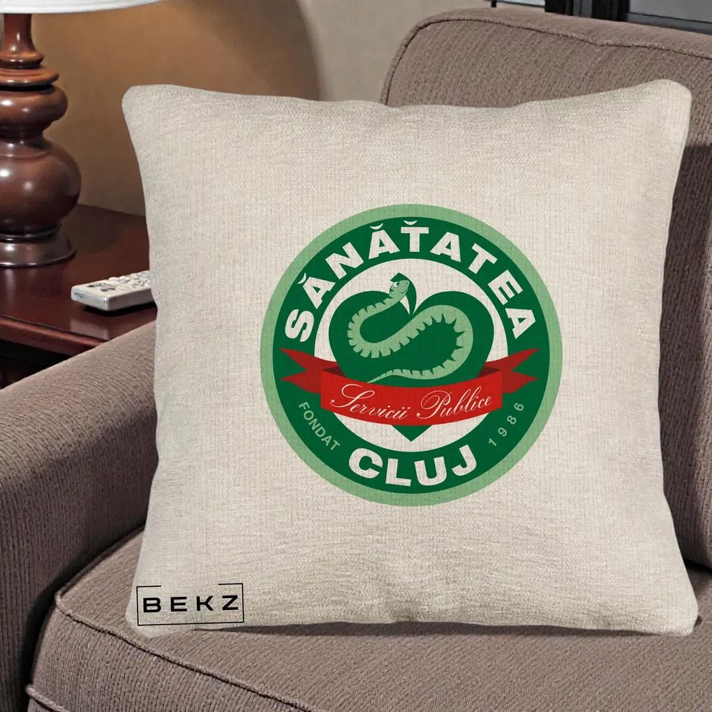 Perna Personalizata Sanatatea Cluj Servicii Publice 1986, 40x40 cm, Bej Canapea, Husa Detasabila, Perna Inclusa, BEKZ®