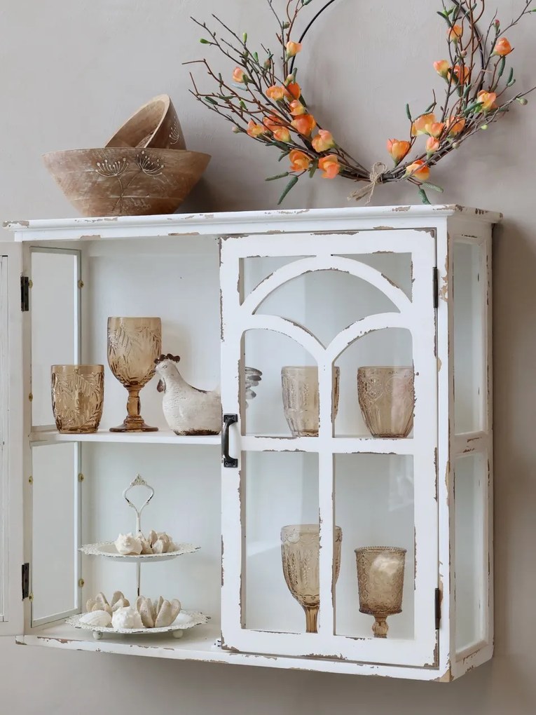 Vitrina de perete, din lemn masiv, cu aspect vintage