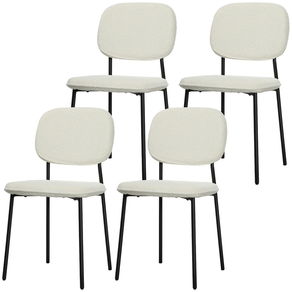 Scaune de Masă HOMCOM Set de 4, Înveliș Moale, Piciorușe din Oțel, Design Neînarmat, Alb | Aosom Romania
